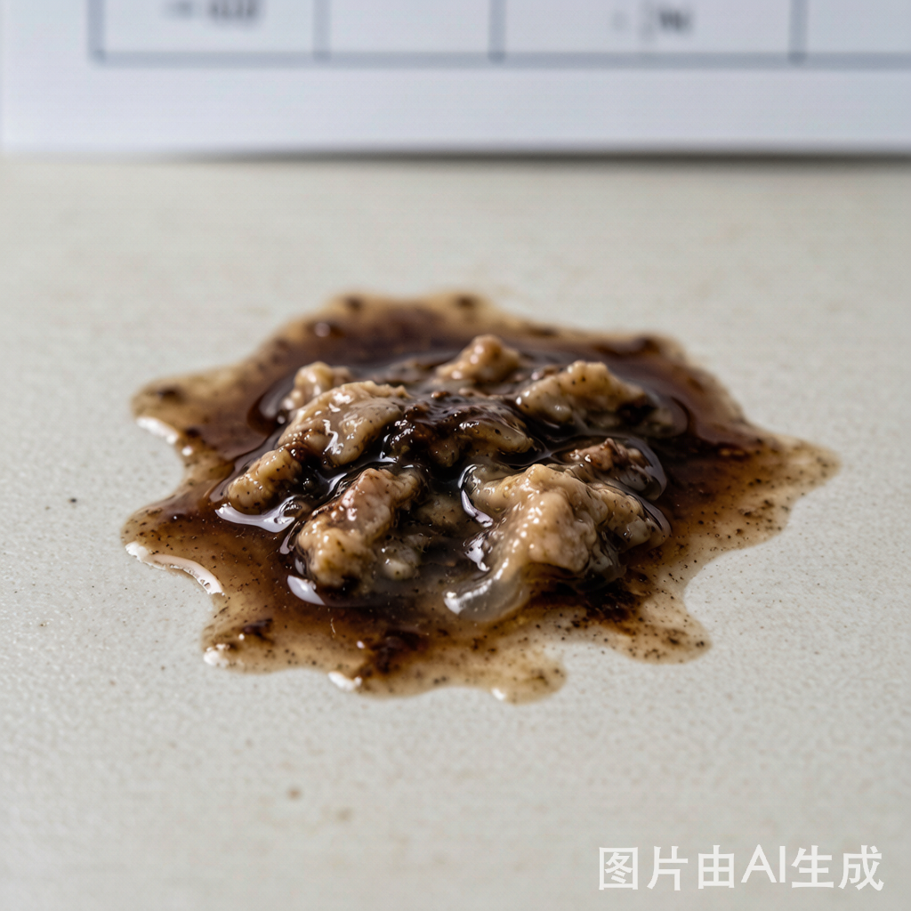 深褐色水样呕吐物