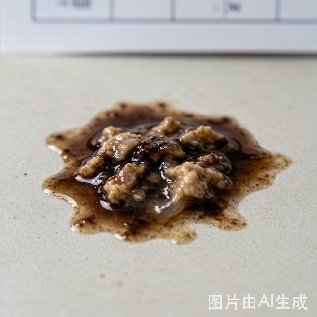 深褐色水样呕吐物