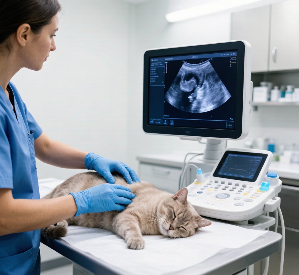 兽医对猫进行膀胱超声诊断