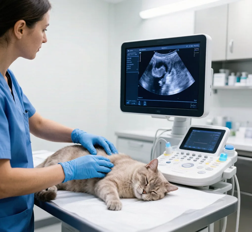 兽医对猫进行膀胱超声诊断
